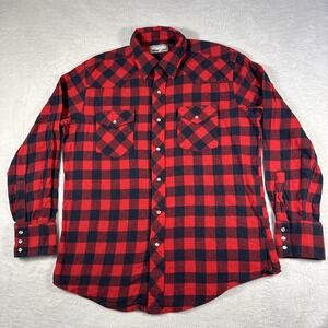 Wrangler Men's Large Red Navy Plaid Pearl Snap Western Shirt Double Pocket